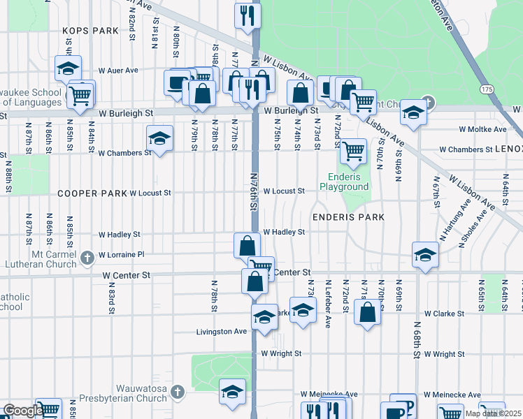 map of restaurants, bars, coffee shops, grocery stores, and more near 2851 North 75th Street in Milwaukee