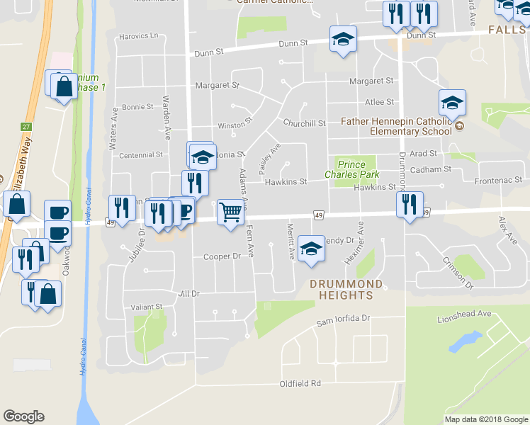 map of restaurants, bars, coffee shops, grocery stores, and more near 6675 McLeod Road in Niagara Falls