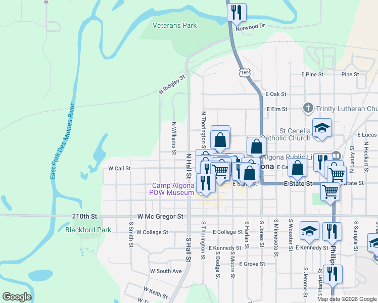 map of restaurants, bars, coffee shops, grocery stores, and more near 300 North Hall Street in Algona