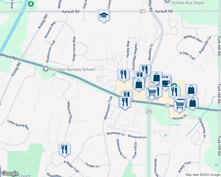 map of restaurants, bars, coffee shops, grocery stores, and more near 27 Foxcroft Trail in Fairport