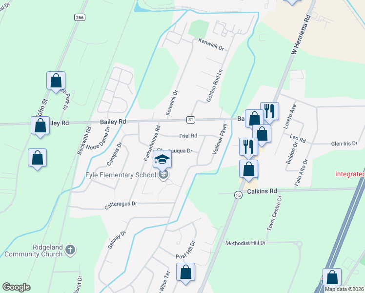 map of restaurants, bars, coffee shops, grocery stores, and more near 24 Chautauqua Drive in Rochester