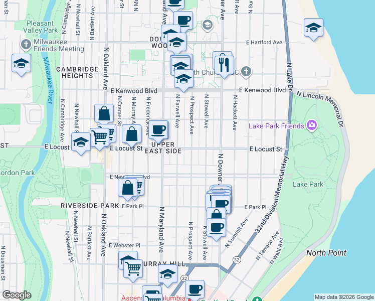 map of restaurants, bars, coffee shops, grocery stores, and more near 2863 North Prospect Avenue in Milwaukee