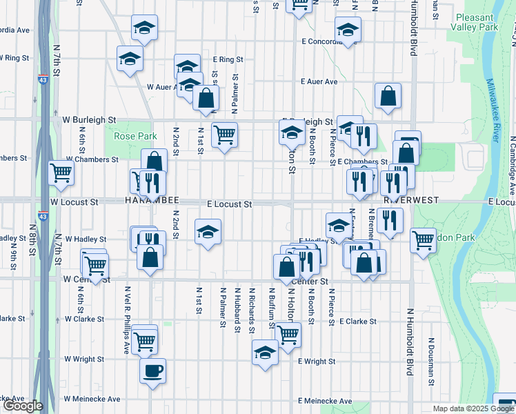 map of restaurants, bars, coffee shops, grocery stores, and more near 2870 North Richards Street in Milwaukee