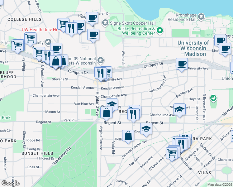 map of restaurants, bars, coffee shops, grocery stores, and more near 216 Walnut Street in Madison
