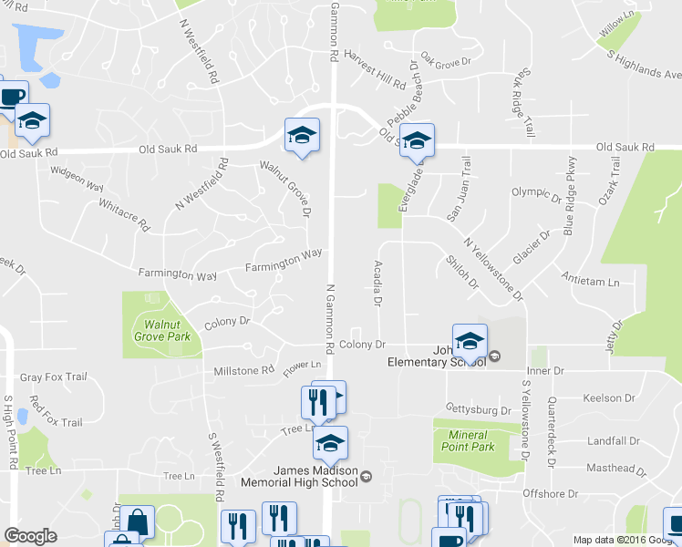 map of restaurants, bars, coffee shops, grocery stores, and more near 221 North Gammon Road in Madison
