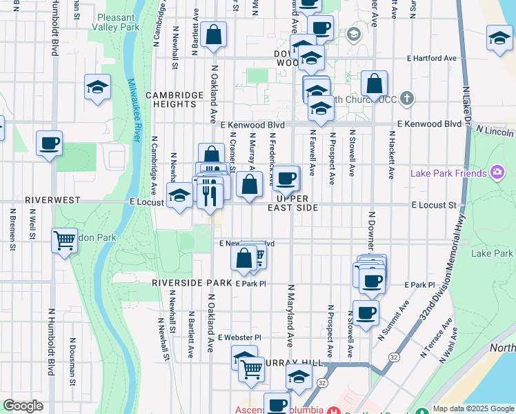 map of restaurants, bars, coffee shops, grocery stores, and more near 2864 North Murray Avenue in Milwaukee