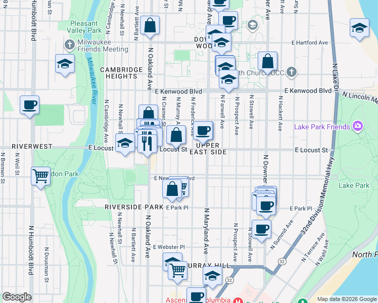 map of restaurants, bars, coffee shops, grocery stores, and more near 2864 North Murray Avenue in Milwaukee