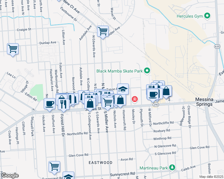 map of restaurants, bars, coffee shops, grocery stores, and more near Tyson Place & Rigi Avenue in Syracuse