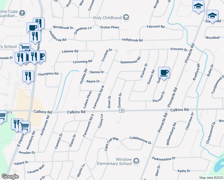 map of restaurants, bars, coffee shops, grocery stores, and more near 63 Down Street in Rochester