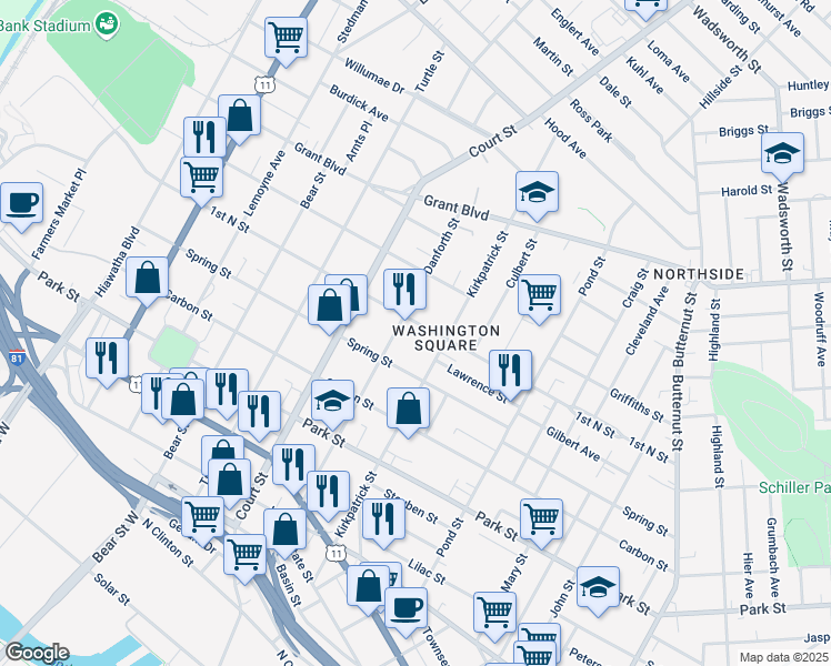 map of restaurants, bars, coffee shops, grocery stores, and more near 1015 1st North Street in Syracuse