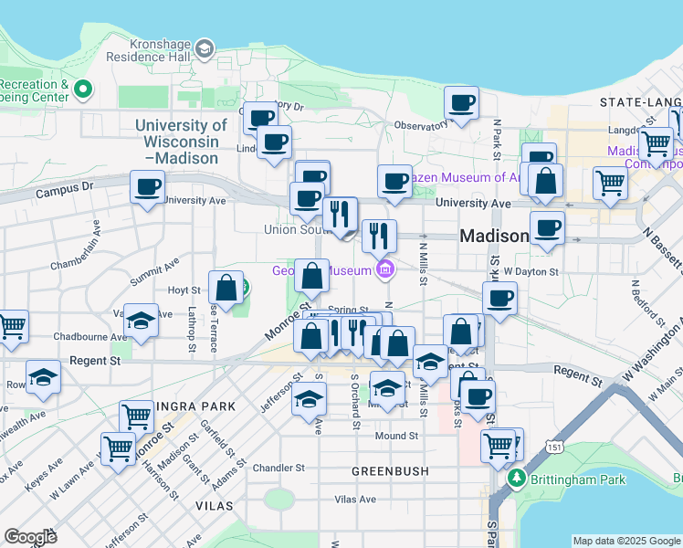 map of restaurants, bars, coffee shops, grocery stores, and more near 1309 West Dayton Street in Madison