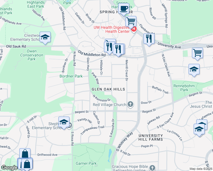 map of restaurants, bars, coffee shops, grocery stores, and more near 5379 Temple Court in Madison
