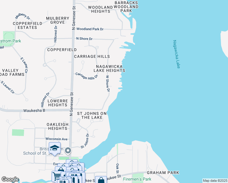 map of restaurants, bars, coffee shops, grocery stores, and more near 1716 West Shore Drive in Delafield