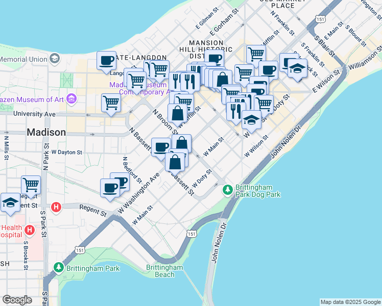 map of restaurants, bars, coffee shops, grocery stores, and more near 31 South Broom Street in Madison
