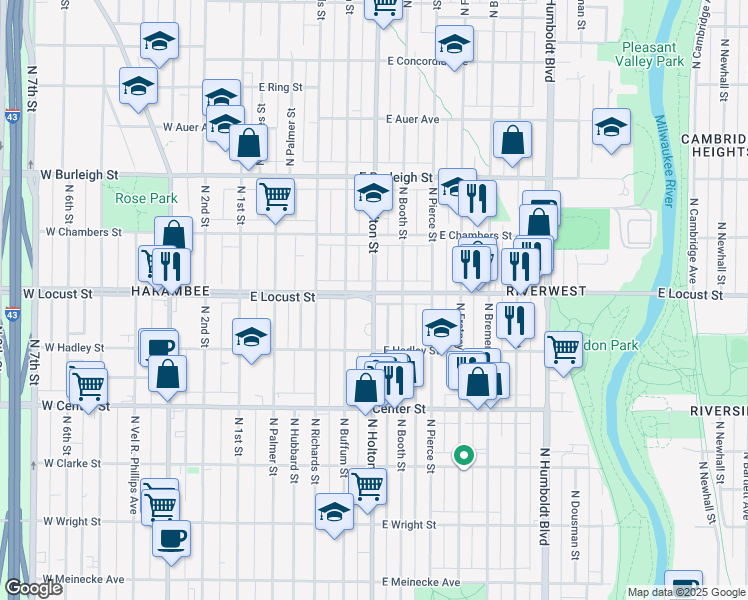 map of restaurants, bars, coffee shops, grocery stores, and more near N Holton St & E Locust St in Milwaukee