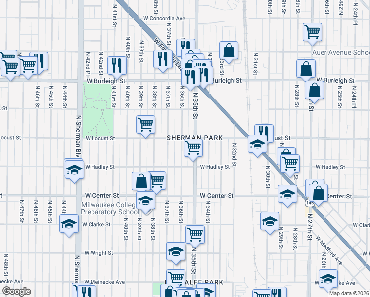 map of restaurants, bars, coffee shops, grocery stores, and more near 2852 North 36th Street in Milwaukee
