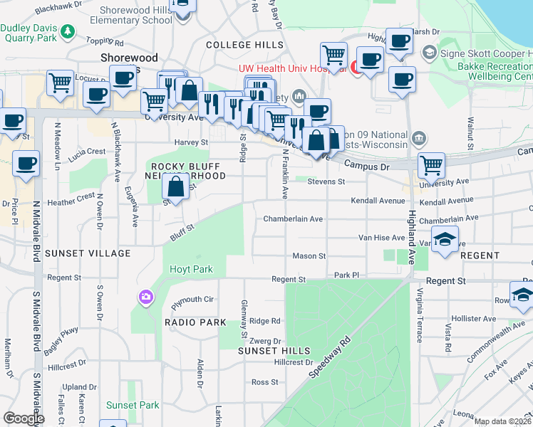 map of restaurants, bars, coffee shops, grocery stores, and more near 2822 Chamberlain Avenue in Madison