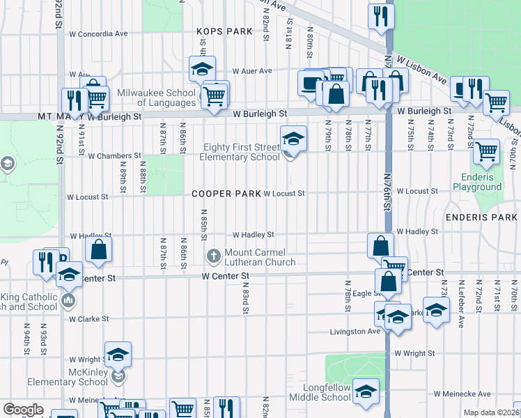 map of restaurants, bars, coffee shops, grocery stores, and more near 2851 North 82nd Street in Milwaukee