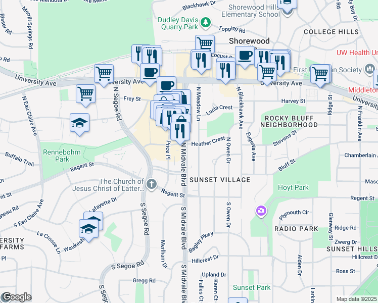map of restaurants, bars, coffee shops, grocery stores, and more near 409 North Midvale Boulevard in Madison