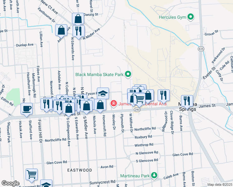 map of restaurants, bars, coffee shops, grocery stores, and more near 1018 Tyson Place in Syracuse