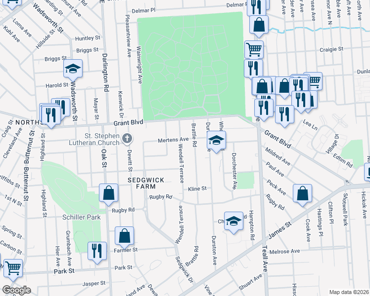 map of restaurants, bars, coffee shops, grocery stores, and more near 444 Wendell Terrace in Syracuse
