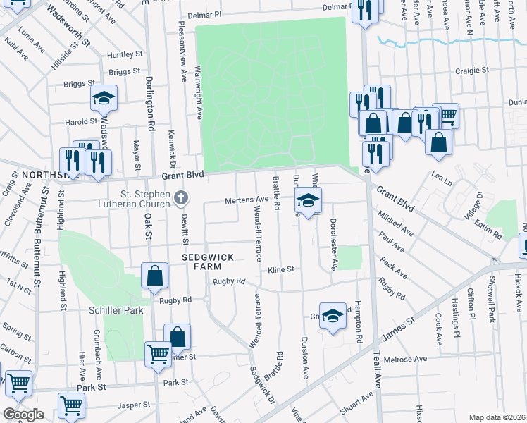 map of restaurants, bars, coffee shops, grocery stores, and more near 444 Wendell Terrace in Syracuse