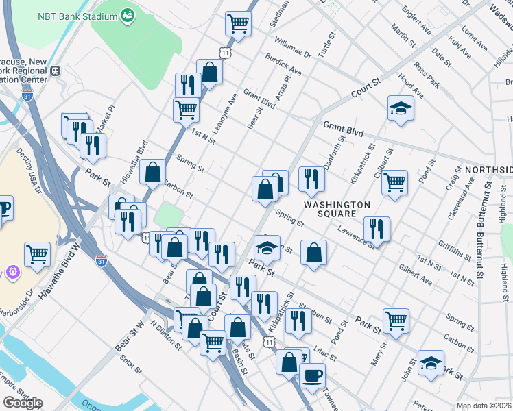 map of restaurants, bars, coffee shops, grocery stores, and more near 514 Turtle Street in Syracuse