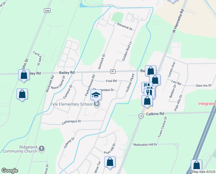 map of restaurants, bars, coffee shops, grocery stores, and more near 24 Chautauqua Drive in Rochester