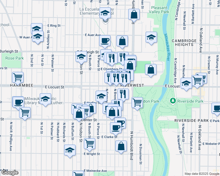 map of restaurants, bars, coffee shops, grocery stores, and more near 2878 North Fratney Street in Milwaukee