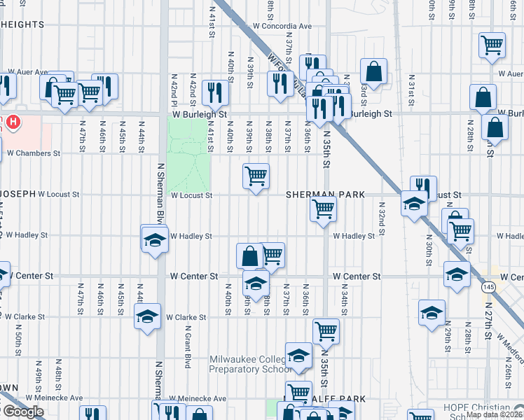 map of restaurants, bars, coffee shops, grocery stores, and more near 2857 North 38th Street in Milwaukee