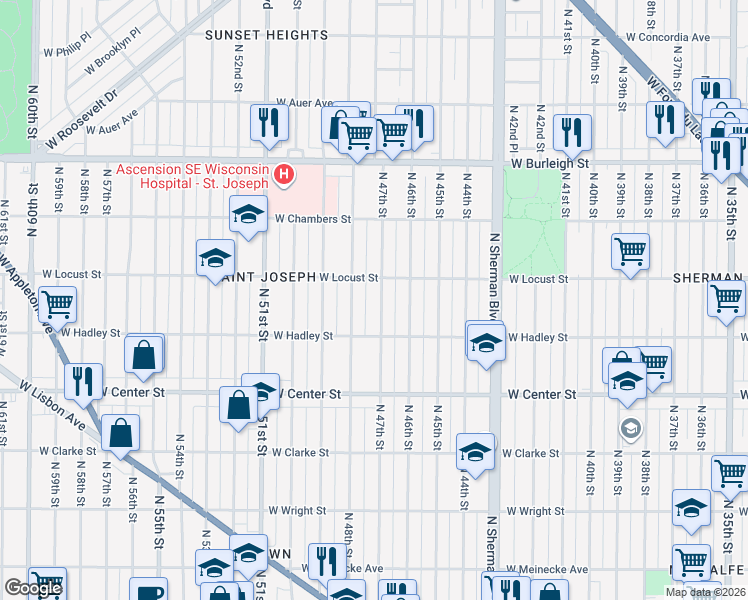 map of restaurants, bars, coffee shops, grocery stores, and more near 2854 North 47th Street in Milwaukee