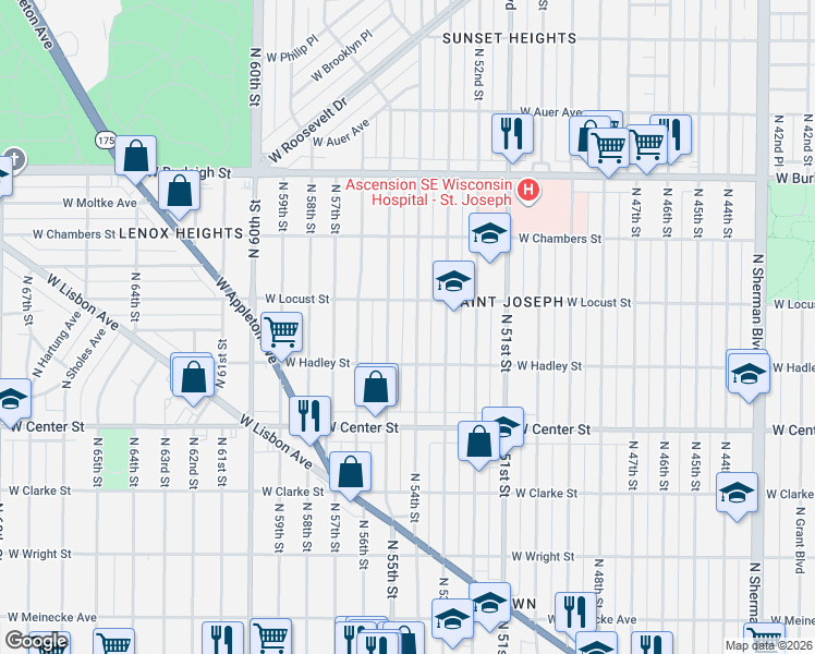 map of restaurants, bars, coffee shops, grocery stores, and more near 2851 North 54th Street in Milwaukee