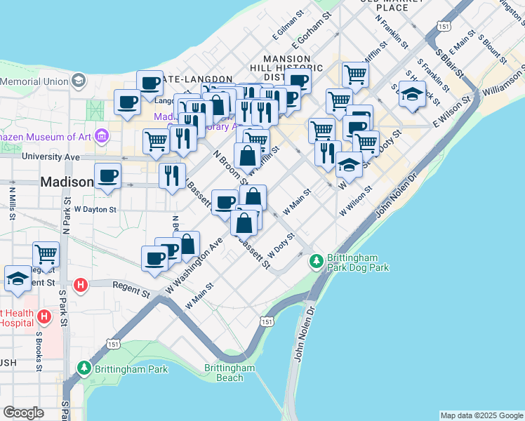 map of restaurants, bars, coffee shops, grocery stores, and more near 5 North Broom Street in Madison