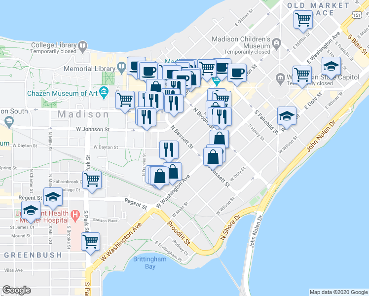 map of restaurants, bars, coffee shops, grocery stores, and more near 114 North Bassett Street in Madison