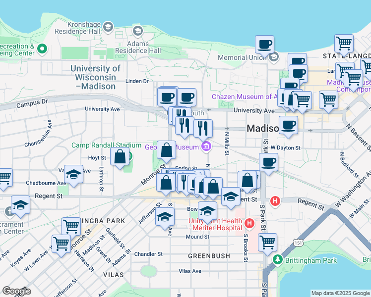 map of restaurants, bars, coffee shops, grocery stores, and more near 138 North Orchard Street in Madison