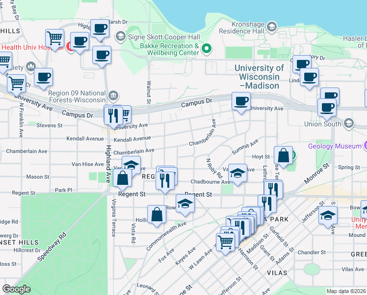 map of restaurants, bars, coffee shops, grocery stores, and more near 2120 Chamberlain Avenue in Madison