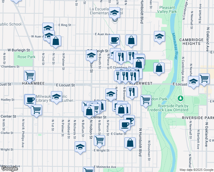 map of restaurants, bars, coffee shops, grocery stores, and more near 633 East Locust Street in Milwaukee