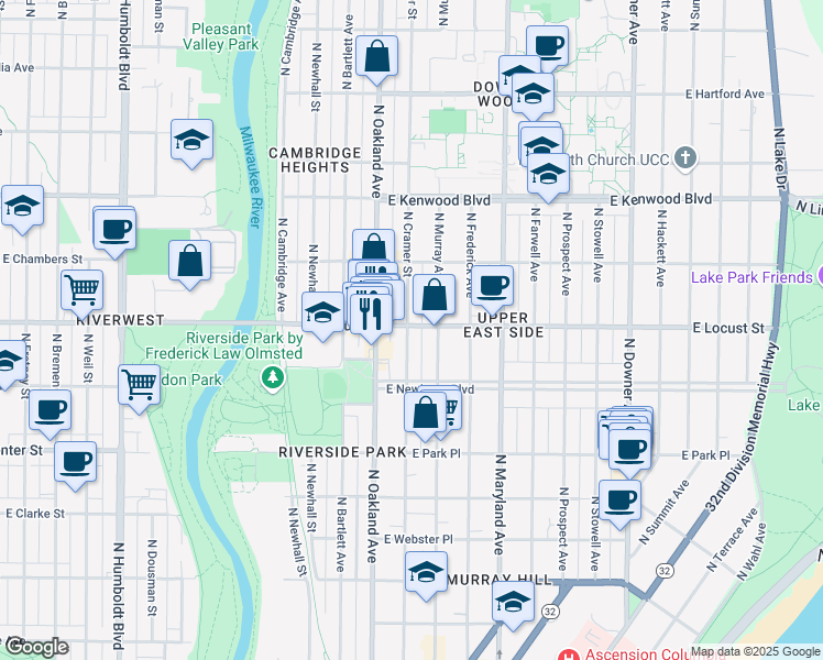 map of restaurants, bars, coffee shops, grocery stores, and more near 2866 North Cramer Street in Milwaukee