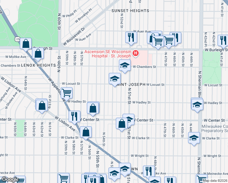 map of restaurants, bars, coffee shops, grocery stores, and more near 2850 North 53rd Street in Milwaukee