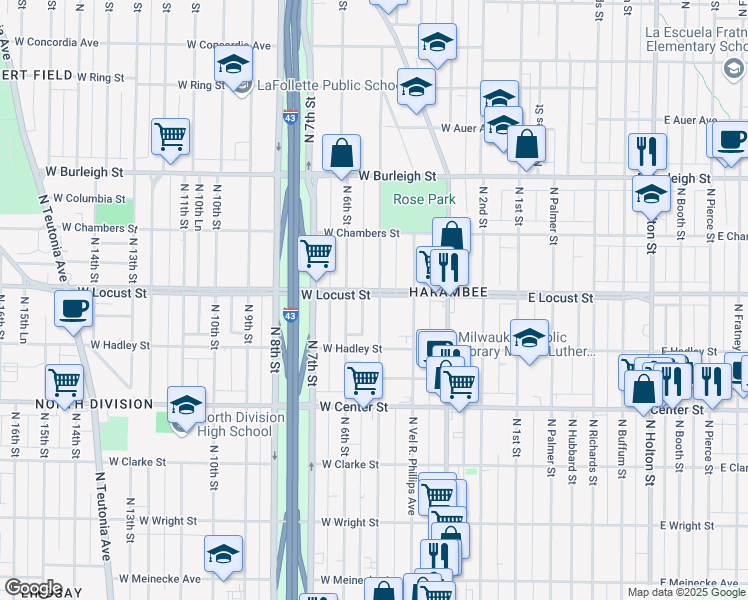 map of restaurants, bars, coffee shops, grocery stores, and more near 2867 North 5th Street in Milwaukee