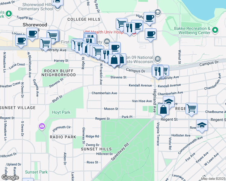 map of restaurants, bars, coffee shops, grocery stores, and more near 2718 Chamberlain Avenue in Madison