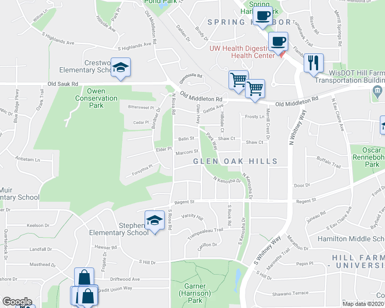 map of restaurants, bars, coffee shops, grocery stores, and more near 5509 Marconi Street in Madison