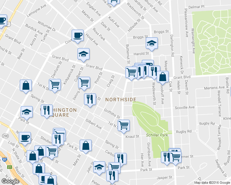 map of restaurants, bars, coffee shops, grocery stores, and more near 238 Cleveland Ave in Syracuse