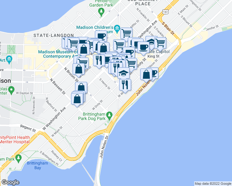 map of restaurants, bars, coffee shops, grocery stores, and more near 200 South Henry Street in Madison