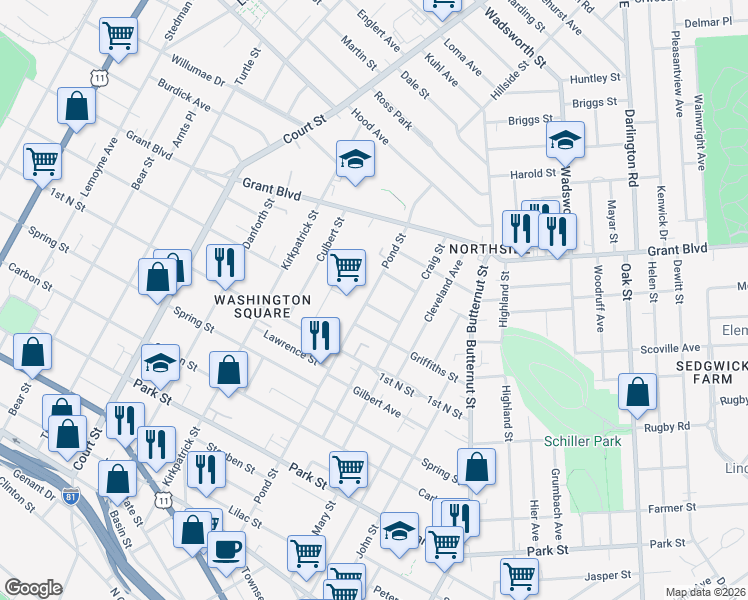 map of restaurants, bars, coffee shops, grocery stores, and more near 114 High Street in Syracuse