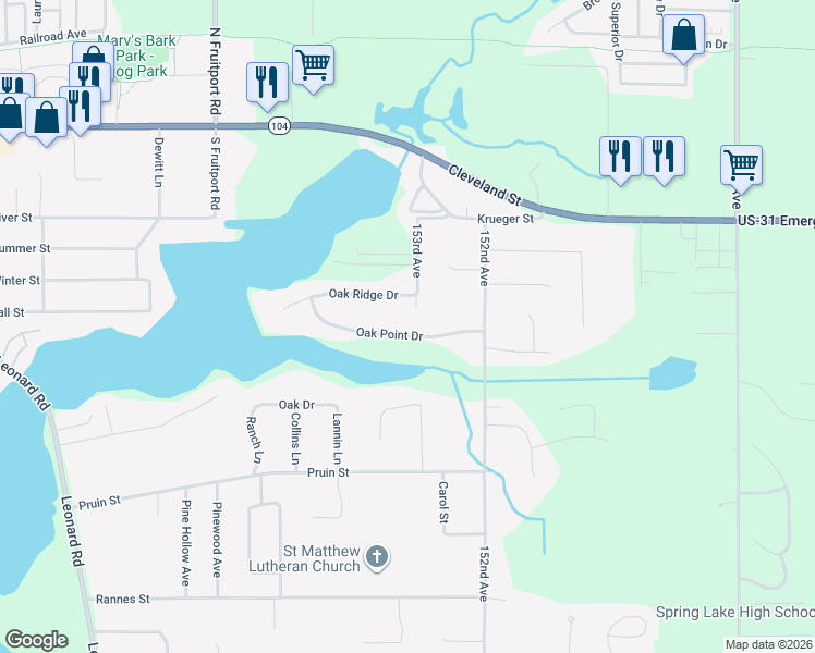 map of restaurants, bars, coffee shops, grocery stores, and more near 15311 Oak Point Drive in Spring Lake