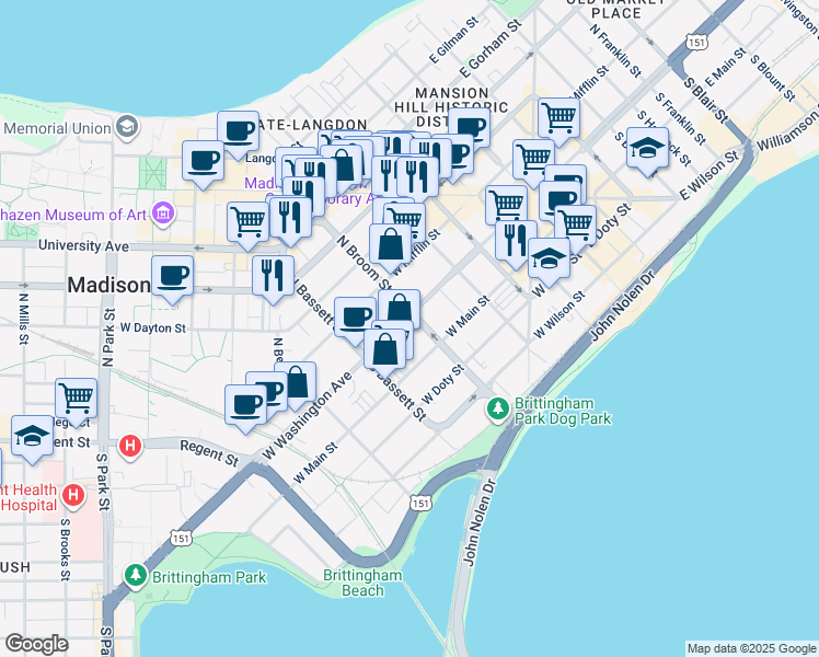 map of restaurants, bars, coffee shops, grocery stores, and more near 407 West Washington Avenue in Madison