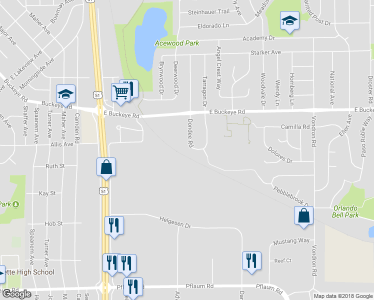 map of restaurants, bars, coffee shops, grocery stores, and more near 1940 Dondee Road in Madison