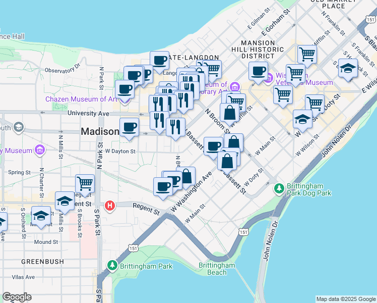 map of restaurants, bars, coffee shops, grocery stores, and more near 523 West Dayton Street in Madison