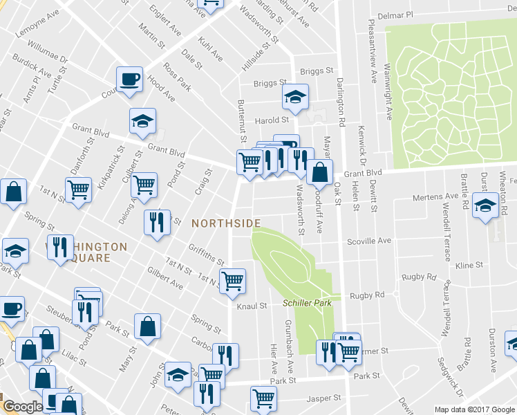 map of restaurants, bars, coffee shops, grocery stores, and more near 1312 Highland Street in Syracuse